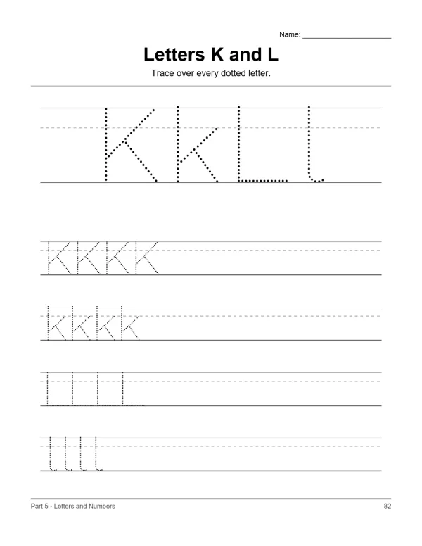 Traceover dotted uppercase and lowercase letters K and L on lined paper.