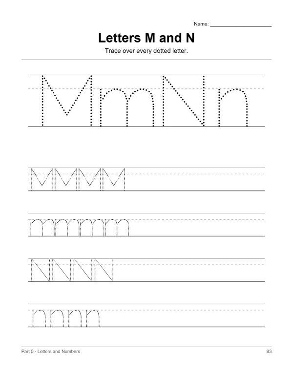 Dotted uppercase and lowercase letters M and N for tracing practice on lined paper.