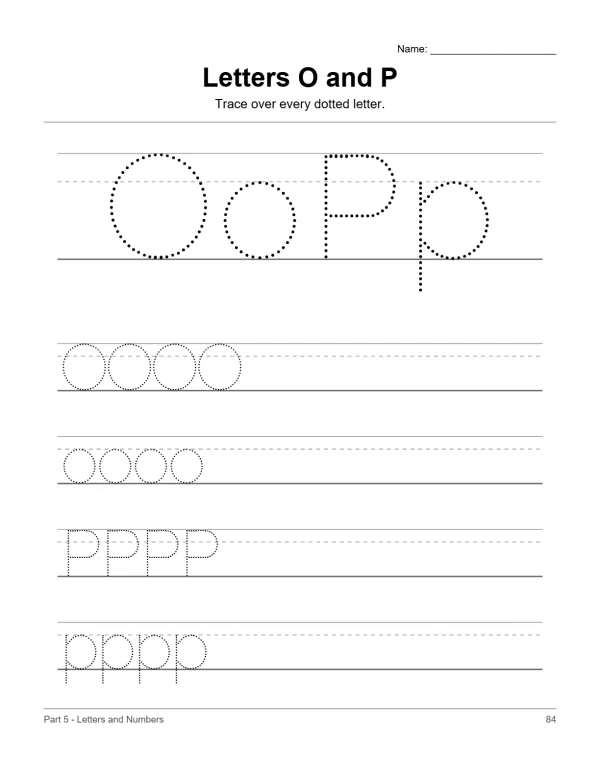 Traceable uppercase and lowercase letters O and P on a lined worksheet for handwriting practice.