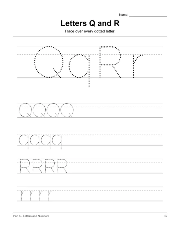 Tracing worksheet with dotted uppercase and lowercase letters Q and R to trace over.
