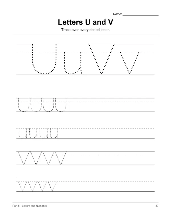 Trace the dotted uppercase and lowercase letters U and V on lined paper.