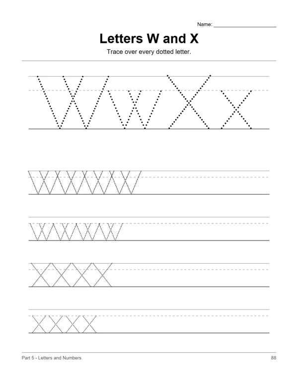 Dotted uppercase and lowercase letters W and X for tracing practice on lined paper.