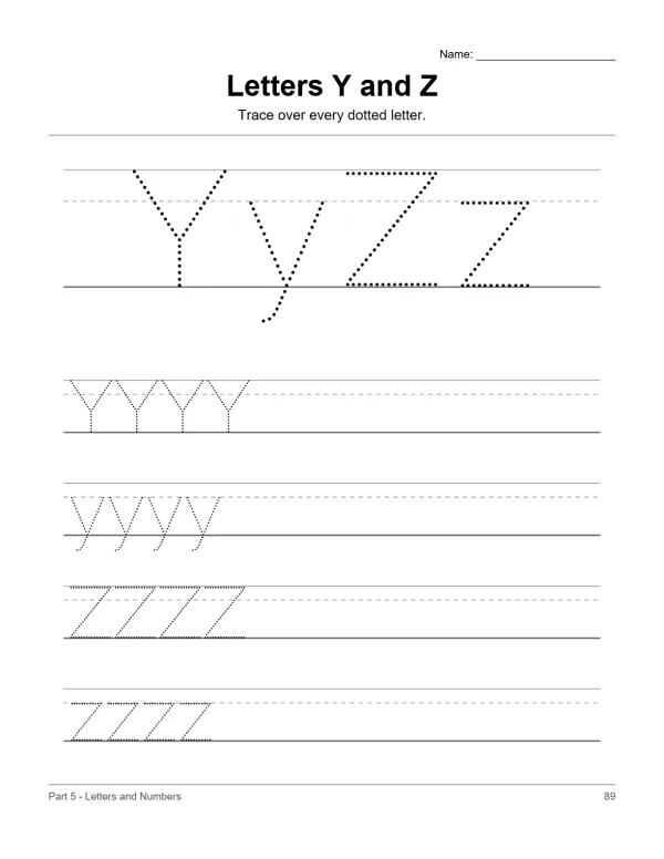 Uppercase and lowercase letters Y and Z traced with dotted lines for practice.
