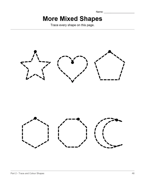 Dashed outlines of a star, heart, pentagon, hexagon, octagon, and crescent moon with dots.