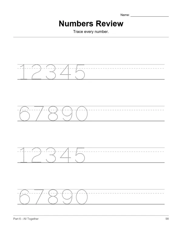 Numbers 1 through 5 and 6 through 0 are outlined for tracing on a handwriting worksheet.