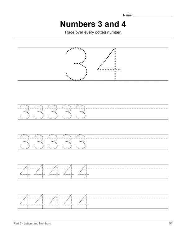 Traceable numbers 3 and 4 with dotted outlines and handwriting lines on a worksheet.