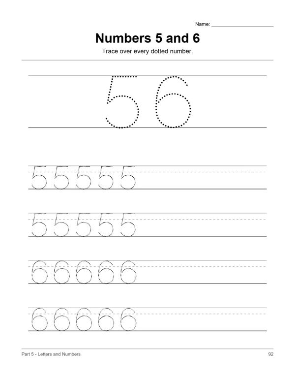 Numbers 5 and 6 worksheet with dotted numbers to trace and lines for practice.