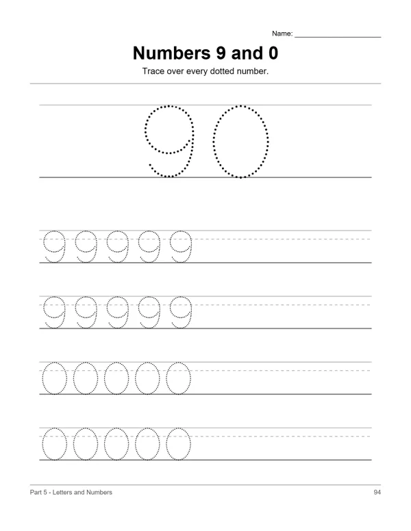 Dotted outlines of the numbers 9 and 0 at the top, followed by rows of dotted number 9s and 0s to trace.