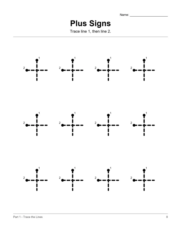 Dotted plus signs with numbered lines to trace, arranged in rows and columns.