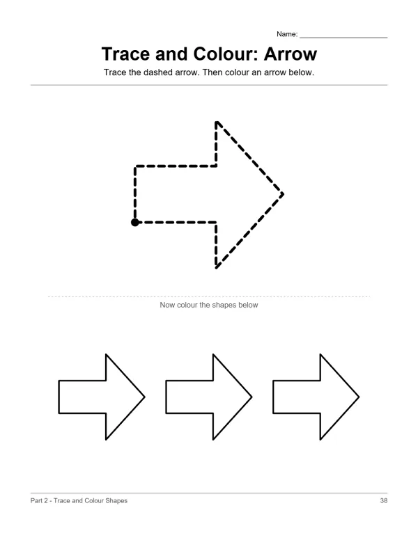 A dashed arrow shape to trace and three solid arrow shapes to color below.