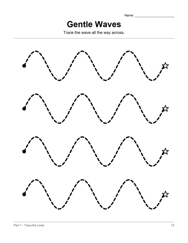 Four dashed lines form wavy patterns across the page, each starting with a dot and ending with a star.