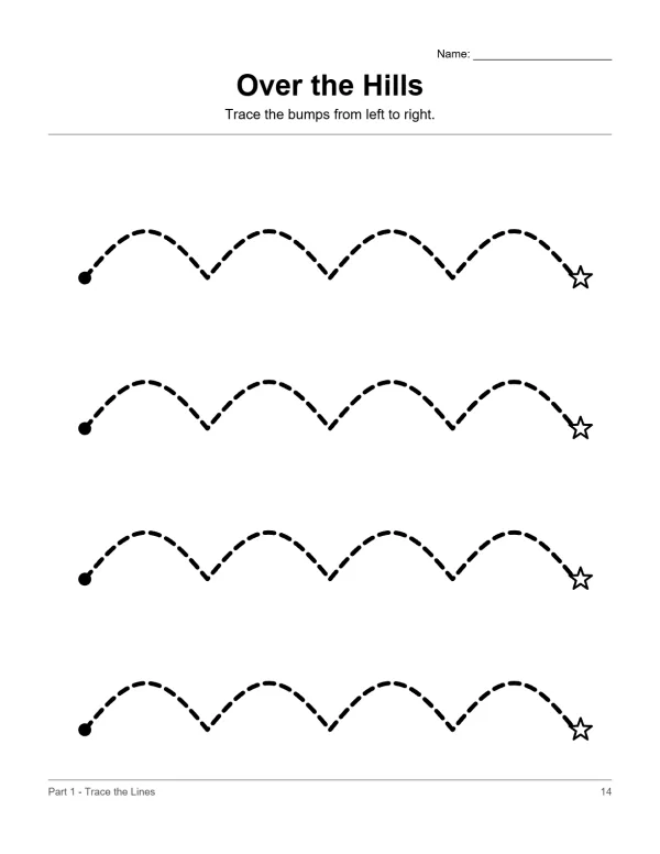 Dotted lines forming four rows of hills with a starting dot and ending star.