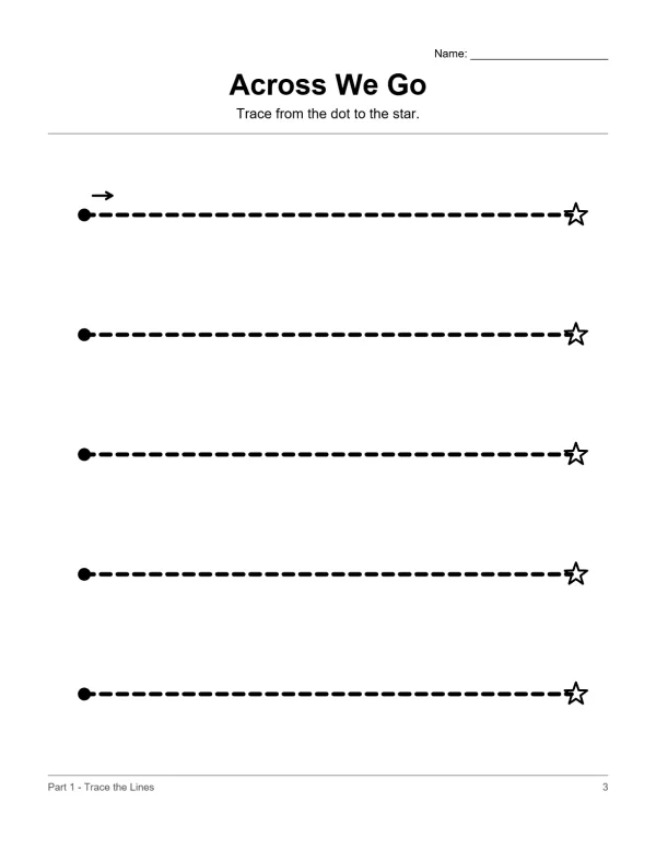 Tracing practice worksheet with five horizontal dashed lines from dots to stars.
