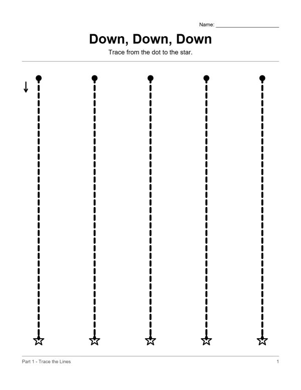 Dashed vertical lines with dots at the top and stars at the bottom for tracing practice.