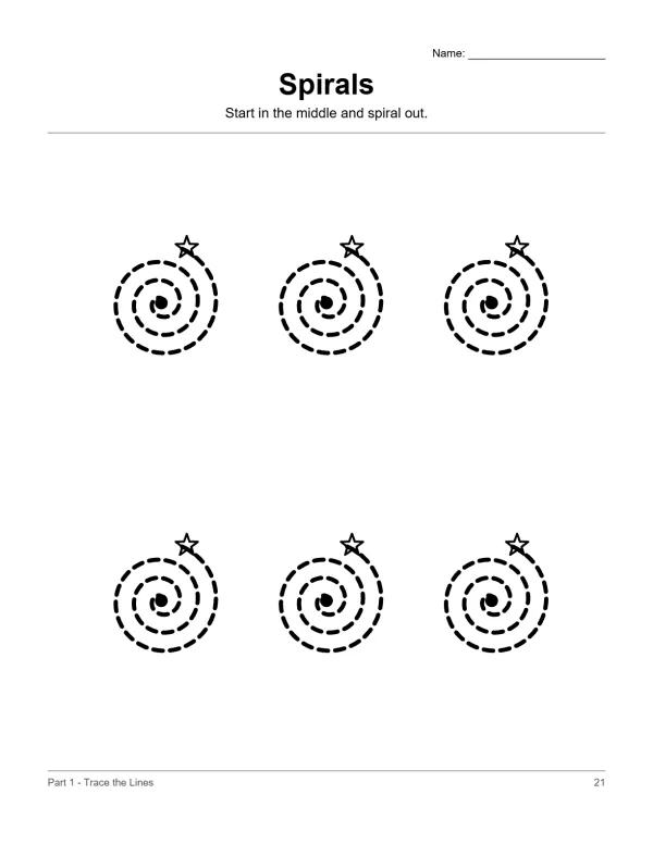 Six dashed line spirals with small stars at the top, arranged in two rows of three.