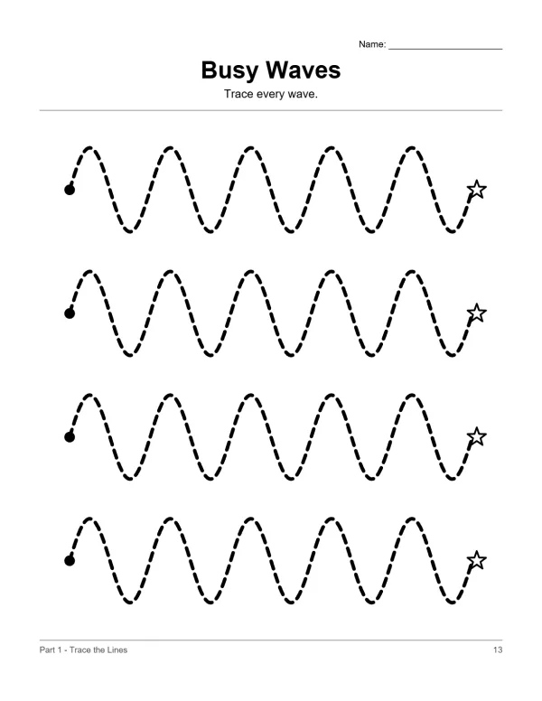 Dotted lines forming four wavy lines, each with a starting dot and an ending star.