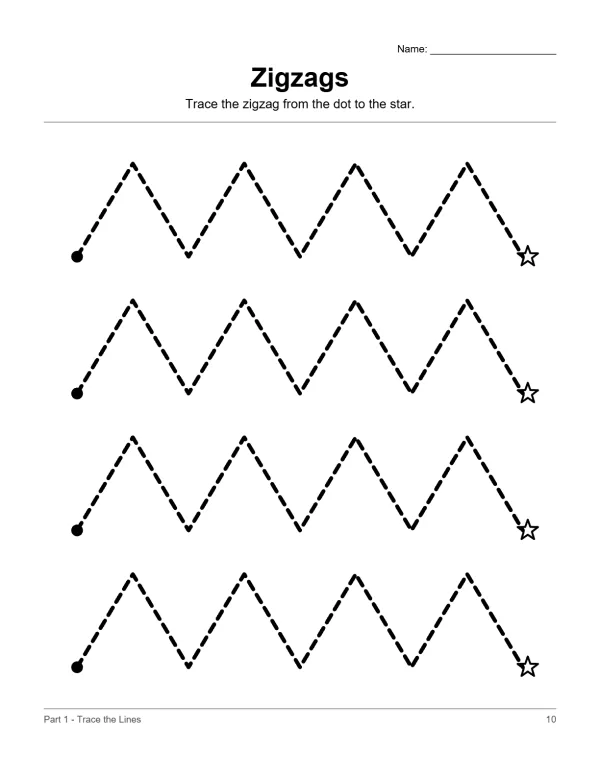 Dashed zigzag lines start at dots and end at stars for tracing practice.