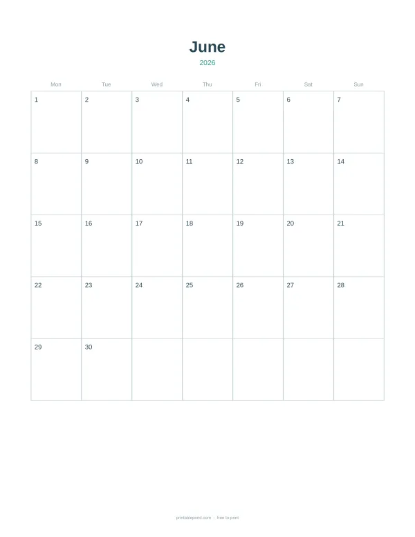 A blank June 2026 calendar grid with days of the week labeled at the top.
