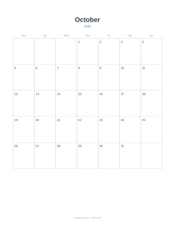 A blank calendar grid for October 2026 with days of the week at the top.