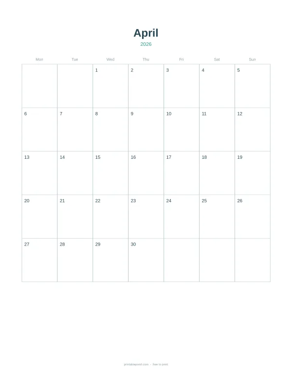 A blank monthly calendar grid for April 2026 with days of the week across the top.