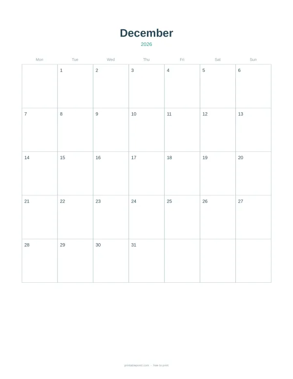 A blank calendar grid for December 2026 with days of the week across the top.