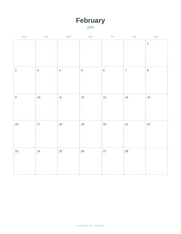 Blank calendar grid for February 2026 with days of the week across the top and dates in the cells.