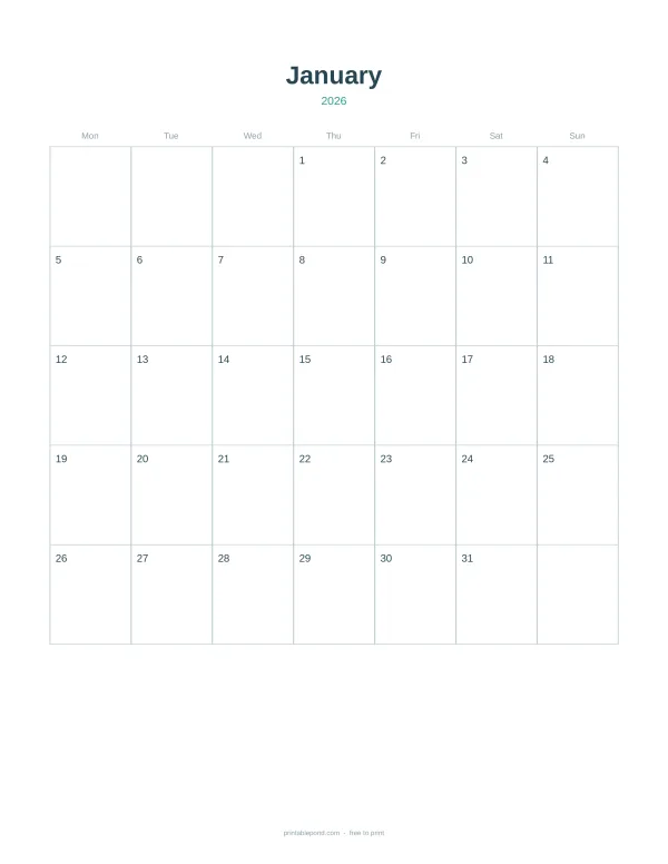 A blank January 2026 calendar grid with days of the week and numbered dates.