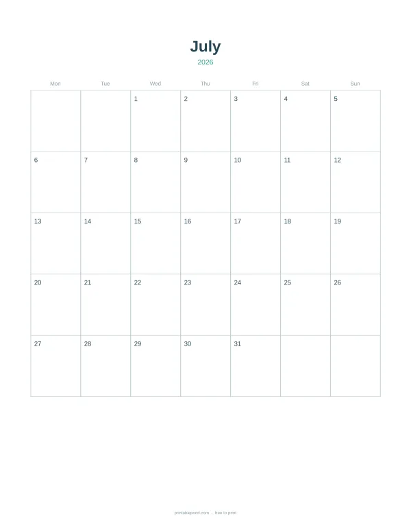 Blank grid calendar page for July 2026 with days of the week at the top.