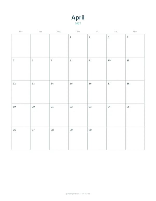 A blank monthly calendar grid for April 2027 with days listed Monday through Sunday.