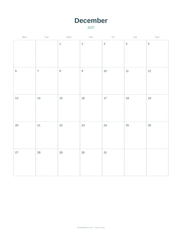 A blank monthly calendar grid for December 2027 with days of the week at the top and numbered dates.