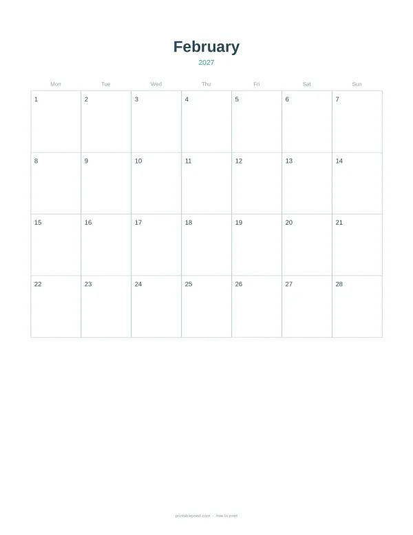 A blank February 2027 calendar with days Monday through Sunday and numbered dates.