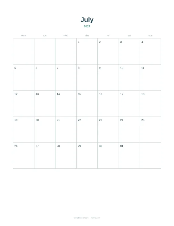 Blank July 2027 calendar grid with days of the week across the top and numbers for each day.