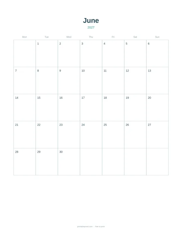 A blank monthly calendar page for June 2027 with days of the week across the top.