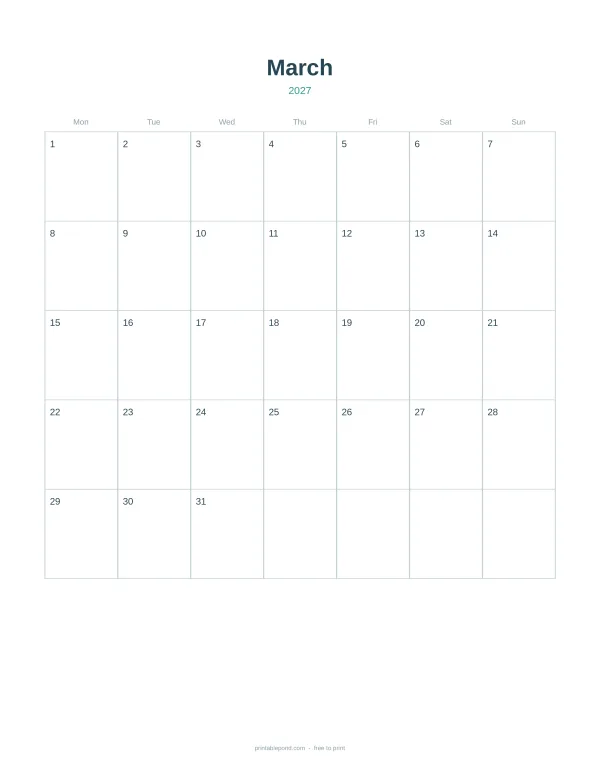A grid calendar for March 2027 with days of the week listed across the top row and dates numbered below.
