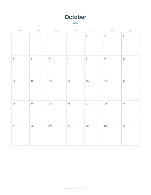 Blank October 2027 calendar grid with days of the week across the top and dates listed.
