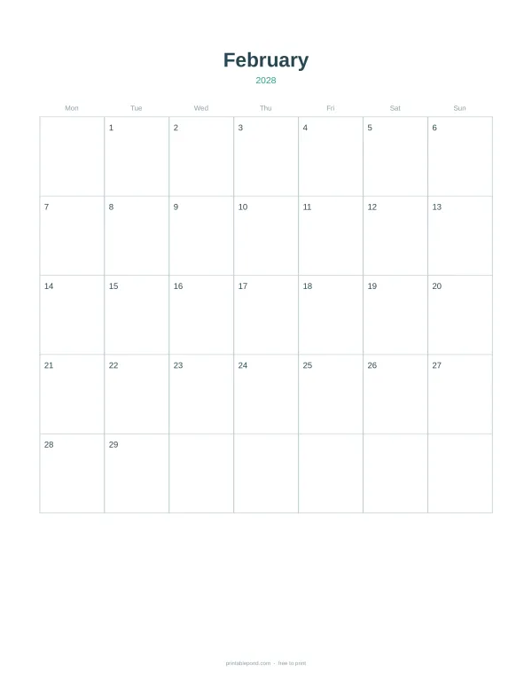 A monthly calendar grid for February 2028 with days of the week and numbered squares.