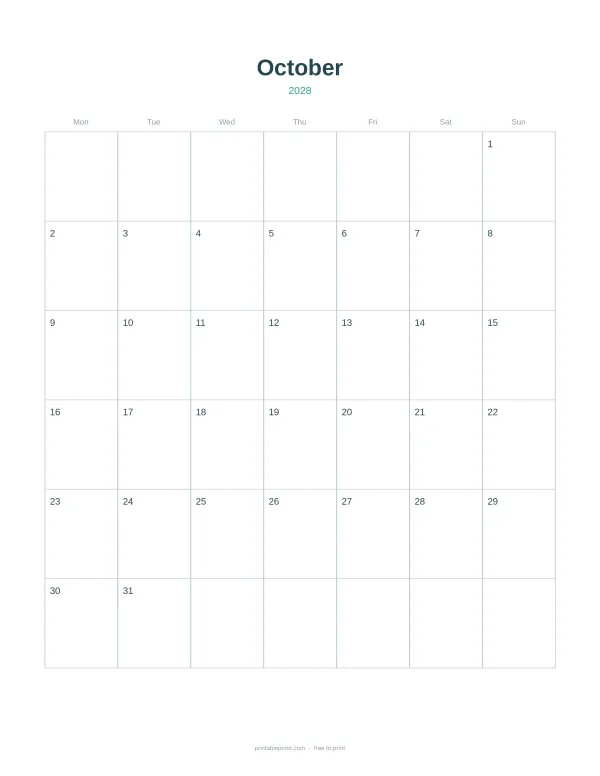 A blank calendar grid for October 2028 with days listed Monday through Sunday and numbered squares.