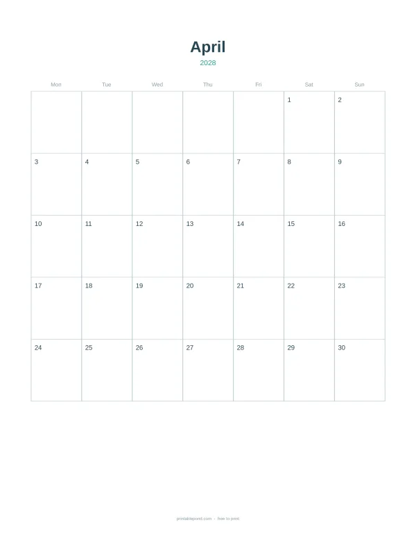 A blank monthly calendar grid for April 2028 with days of the week labeled Mon through Sun.