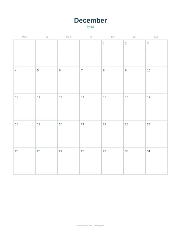A blank December 2028 calendar grid with days of the week across the top.