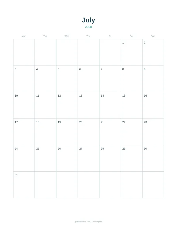 A blank July 2028 calendar with days of the week across the top and numbered squares for each day.