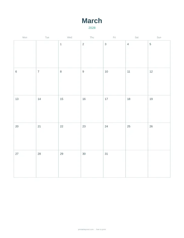 Grid layout for March 2028 calendar with days of the week and dates.