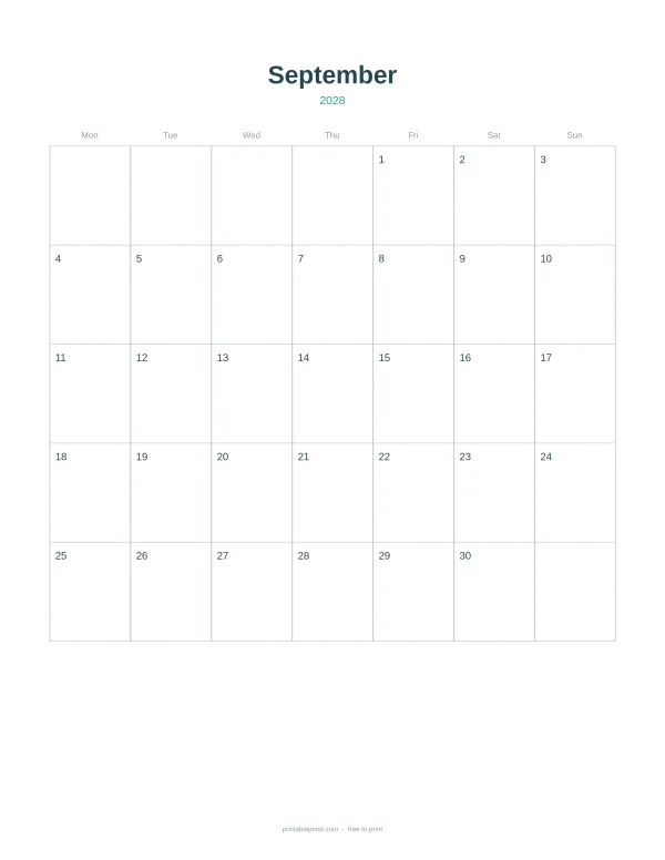 A blank calendar grid for September 2028 with days listed Monday through Sunday.