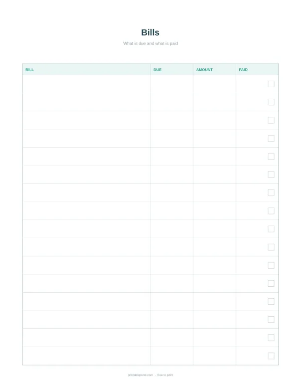 A simple bill payment checklist with columns for bill name, due date, amount, and paid status.