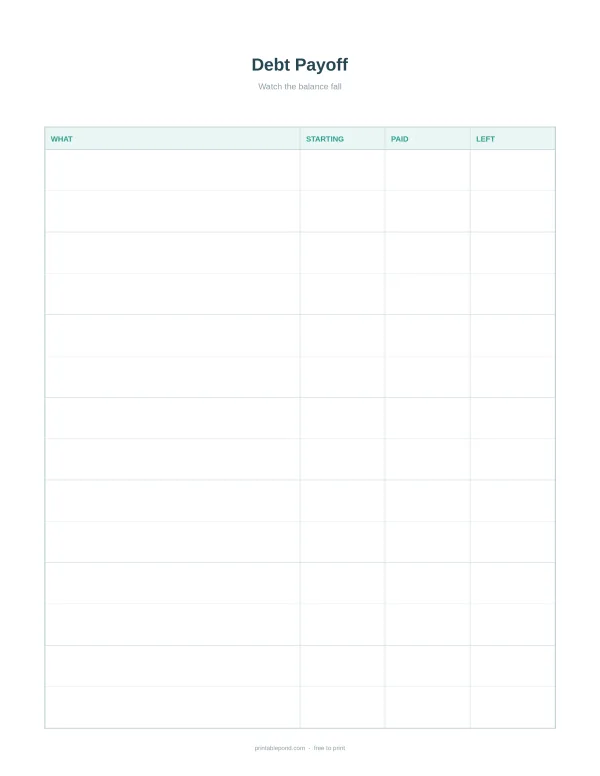 Debt payoff tracker planner with columns for what, starting balance, paid, and left.
