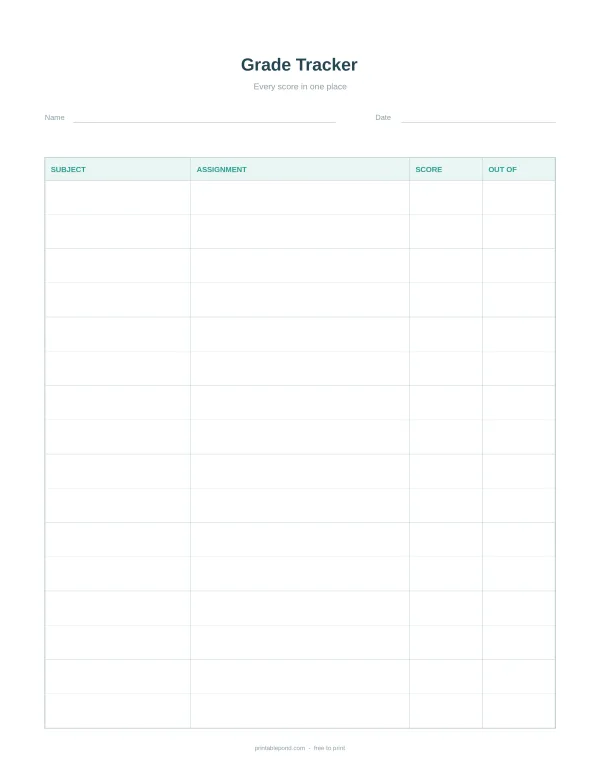 Blank grade tracker sheet with columns for subject, assignment, score, and out of.