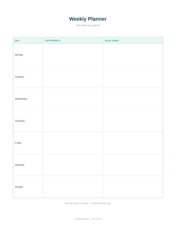 Weekly planner with columns for Day, Top Priority, and Also Today for each day of the week.