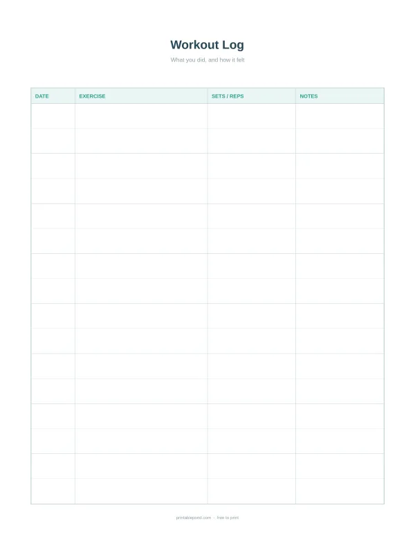 A blank workout log with columns for date, exercise, sets/reps, and notes.