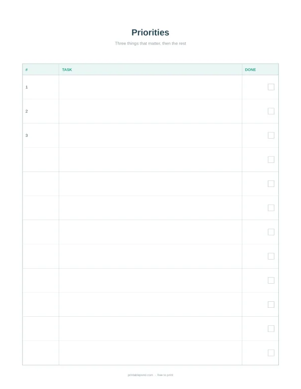 A priority to-do list planner with columns for task number, task description, and a checkbox for completion.