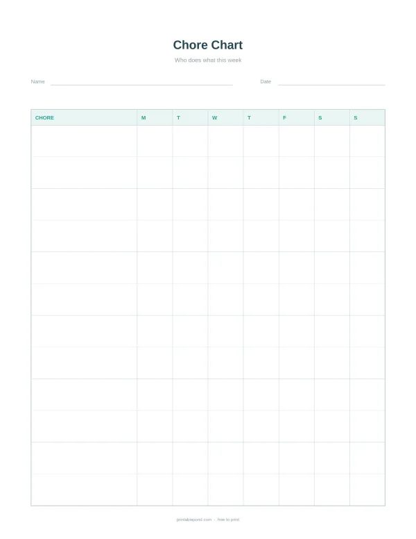 A weekly chore chart with columns for days of the week and rows for chores, including space for name and date.