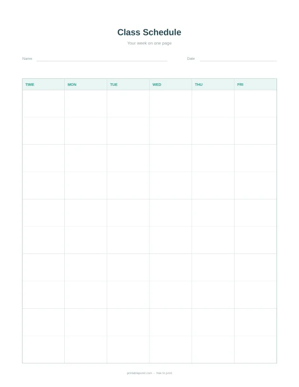 A weekly class schedule planner with rows for time and columns for Monday through Friday.